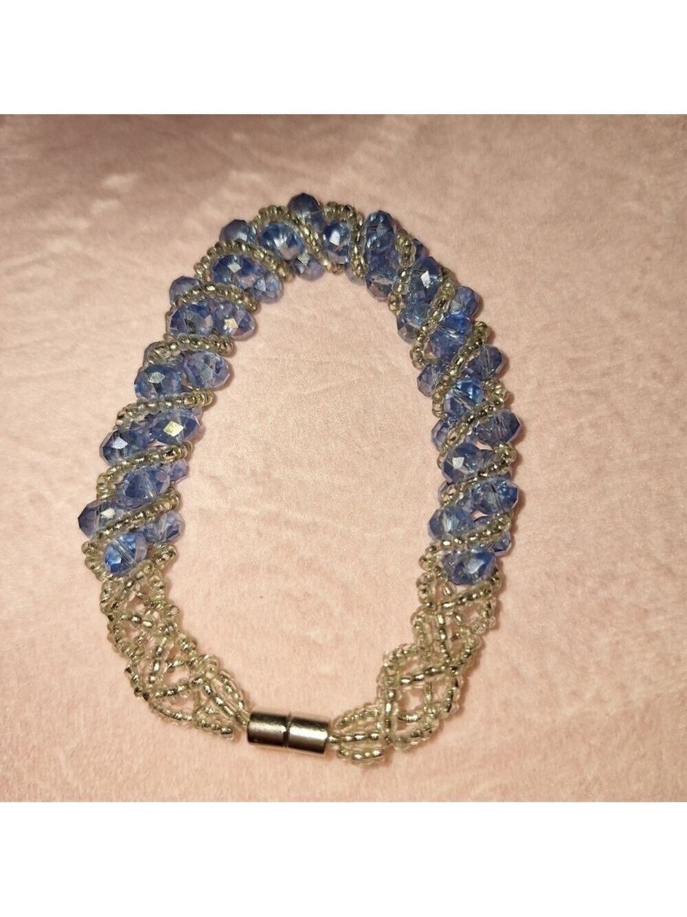 Blue Silver Beaded Bracelet Magnet Closure